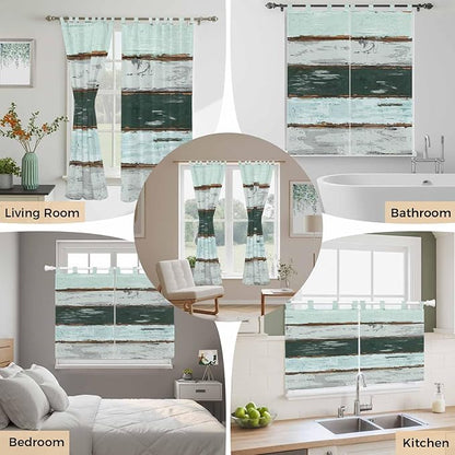 Blue Teal Kitchen Curtains 36 Inch Length, Small Window Curtains Tab Top, Vintage Wooden Retro Art Farmhouse Barns Light Filtering Short Window Treatments Tier Drapes 27.5"x36" 2 Panel