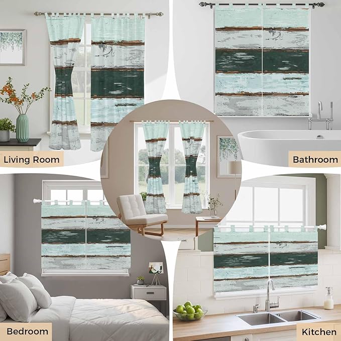 Blue Teal Kitchen Curtains 45 Inch Length, Short Cafe Window Curtains Tab Top, Vintage Wooden Retro Art Farmhouse Barns Light Filtering Window Treatments Tier Drapes 27.5"x45" 2 Panel