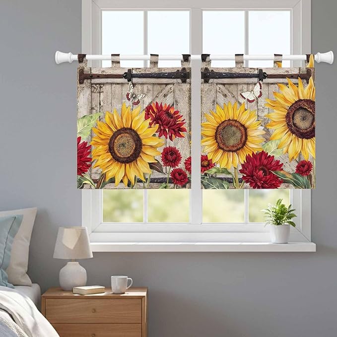 Sunflowers Kitchen Curtains 36 Inch Length, Small Window Curtains Tab Top, Retro Flower Barn Doors Butterfly Farmhouse Brown Light Filtering Short Window Treatments Tier Drapes 27.5"x36" 2 Panel