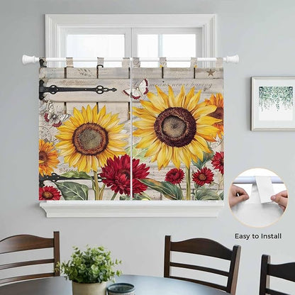 Red Yellow Sunflowers Bedroom Curtains 63 Inch Length, Window Curtains Tab Top, Retro Rustic Barn Doors Butterfly Brown Light Filtering Window Treatments Drapes 42"x63" 2 Panel