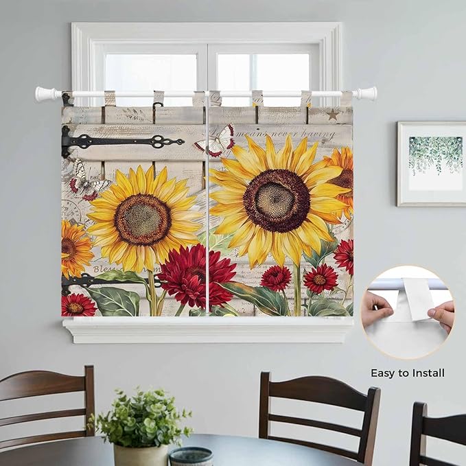 Red Yellow Sunflowers Kitchen Curtains 45 Inch Length, Short Cafe Window Curtains Tab Top, Retro Rustic Barn Doors Butterfly Brown Light Filtering Window Treatments Tier Drapes 27.5"x45" 2 Panel