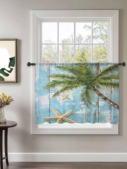 Sheer Curtains 54 Inch Length, Coastal Beach Blue Semi Sheer Curtains Light Filtering Window Treatment, Tropical Coconut Tree Vintage Wood Grain Privacy Voile Drapes for Living Room Bedroom 52x54 Inch