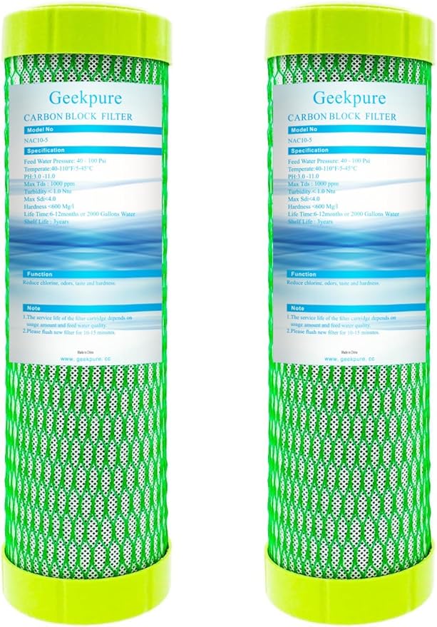 Geekpure 10 Inch Carbon Block Filter -2.5" x 10" - 5 Micron- Reduce Chlorine and Hardness-Pack of 2