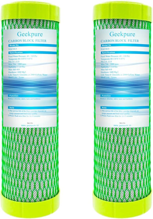 Geekpure 10 Inch Carbon Block Filter -2.5" x 10" - 5 Micron- Reduce Chlorine and Hardness-Pack of 2
