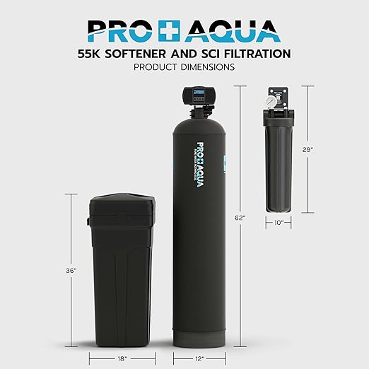 PRO+AQUA PRO-SCI-S55E Whole House Water Filter & Softener Bundle | 55,000 Grain Capacity | Removes Chlorine, Sediment, VOCs, Calcium & Magnesium | Ideal for 3–5 Bathrooms | High-Flow, Heavy-Duty