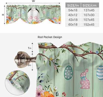 Easter Tie Up Valance Curtains for Windows, Kitchen Curtains Window Shades, Spring Watercolor Bunny Eggs Wooden Grain Green Light Filtering Roman Curtain Valances for Bedroom/Bathroom/Cafe 42"x12"