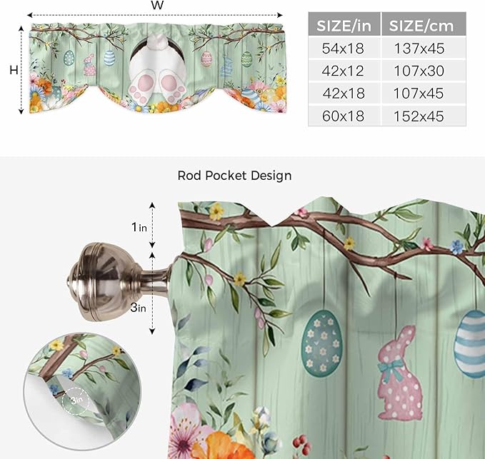 Easter Tie Up Valance Curtains for Windows, Kitchen Curtains Window Shades, Spring Watercolor Bunny Eggs Wooden Grain Green Light Filtering Roman Curtain Valances for Bedroom/Bathroom/Cafe 42"x18"
