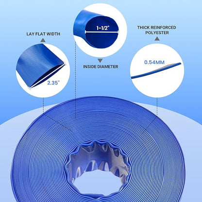 Poolvio Backwash Hose 1-1/2" x 50 ft, Blue Lay-Flat PVC Discharge Hose with 2 Stainless Steel Thumb Screw Clamps, Leak-Free for Swimming Pool Filter Cleaning, Flooded Area, Pond Draining