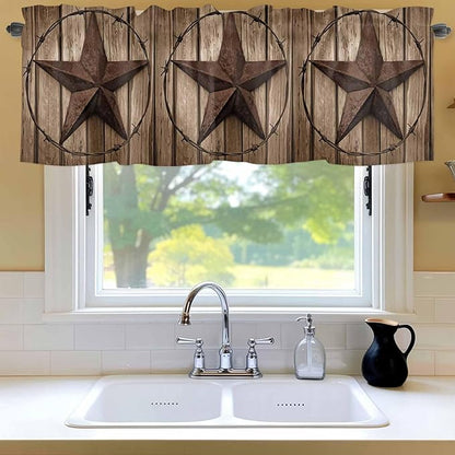 Vintage Texas Star Valances for Windows, Brown Wood Grain Wire Kitchen Valance Light Filtering Rod Pocket Short Curtains for Kitchen Bathroom, 1 Panel, 60"x14"