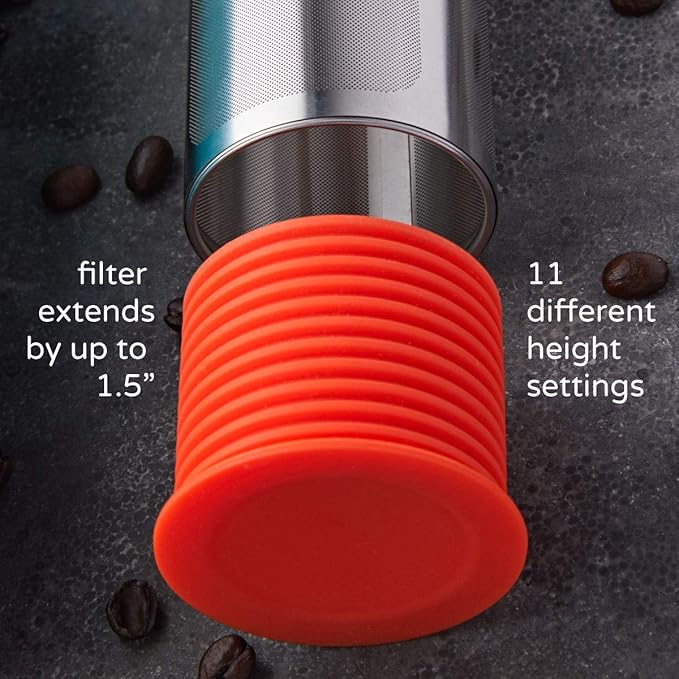 Rumble Go: Portable Cold Brew Coffee Filter - Fits Wide Mouth Water Bottles, 16-32oz – Universal Fit - Brews Coffee Anywhere - Eco-Friendly & No Disposable Parts (Orangey-Red Cap & Base)