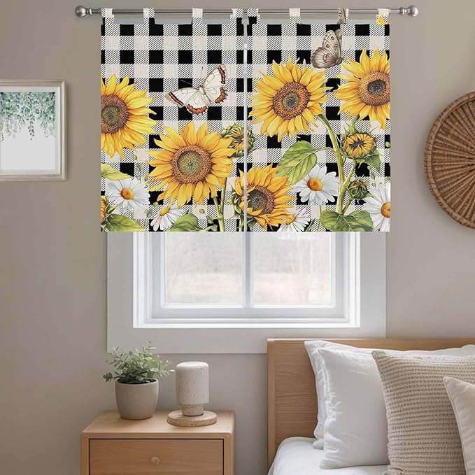 Sunflowers Bedroom Curtains 63 Inch Length, Window Curtains Tab Top, Yellow Flowers Butterfly Farmhouse Black Plaid Light Filtering Window Treatments Drapes 42"x63" 2 Panel