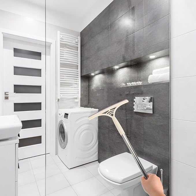 Multifunction Floor and Window Squeegee Broom with Long Handle, Dry and Wet Glass Cleaner Scraper for Shower, Tile, Car Windows, Khaki