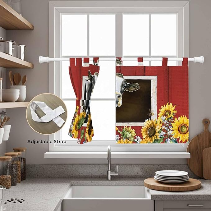 Cows Sunflowers Kitchen Curtains 24 Inch Length, Small Window Curtains Tab Top, Spring Botanical Floral Bees Red Barn Light Filtering Short Window Treatments Tier Drapes 27.5"x24" 2 Panel