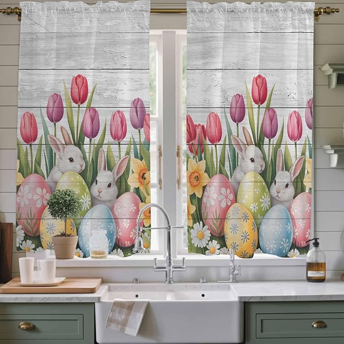 Easter Window Curtains 63 Inch Long 2 Panel Set, Rod Pocket Bedroom Curtains & Drapes, Retro Spring Bunny Eggs Tulip Farm Wooden Grain Light Filtering Window Treatment for Living Room 42"W x 63"L