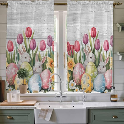 Easter Window Curtains 63 Inch Long 2 Panel Set, Rod Pocket Bedroom Curtains & Drapes, Retro Spring Bunny Eggs Tulip Farm Wooden Grain Light Filtering Window Treatment for Living Room 42"W x 63"L