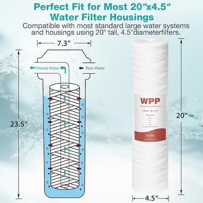 20 x 4.5 Inch 5 Micron String Wound Sediment Water Filter Cartridge, SimPure Whole House Sediment Well Water Filter Replacement, Fits DB20P DB20P-3 (4 Pack)