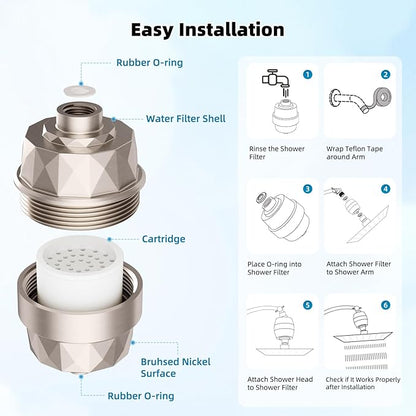 Hibbent Upgraded High Output Shower Filter for Hard Water, 20 Stage Showerhead Filter with Vitamin C, Removes Chlorine and Fluoride, Reduces Dry Itchy Skin, Eczema, and Dandruff, Brushed Nickel