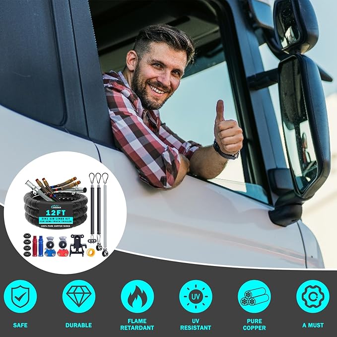 CheeMuii 12FT Semi Truck Air Line Kit with Gladhands Air Line Holder and Springs Kit 7 Way Trailer Cord and Air Brake Hoses 3-in-1 Air Lines Set for Semi Truck Trailer Tractor