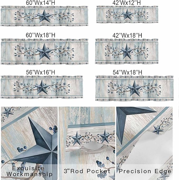 Blue Texas Star Valances for Windows, Vintage Star Berry Blue Beige Wood Grain Kitchen Valance Light Filtering Rod Pocket Short Curtains for Kitchen Bathroom, 1 Panel, 56"x16"