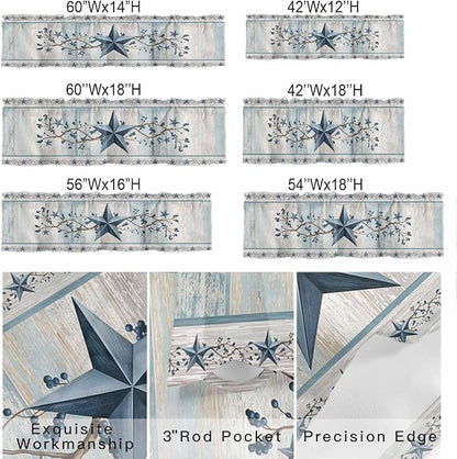 Blue Texas Star Valances for Windows, Vintage Star Berry Blue Beige Wood Grain Kitchen Valance Light Filtering Rod Pocket Short Curtains for Kitchen Bathroom, 1 Panel, 54"x18"