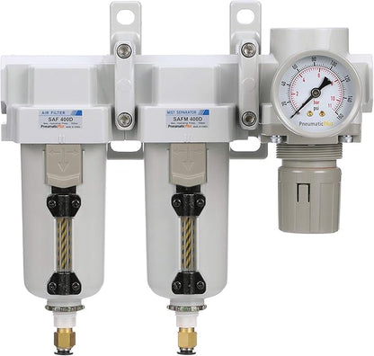 PneumaticPlus SAU430-N04DG-MEP Three Stage Air Drying System Particulate Air Filter, Coalescing Filter, Air Pressure Regulator Combo 1/2" NPT - Metal Bowl, Auto Drain, Bracket, Gauge