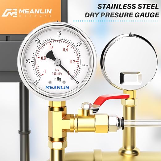 MEANLIN MEASURE -30inHG~0Psi Vacuum Gauge Stainless Steel 1/8" NPT 2" FACE DIAL Waterproof for Air Compressor HVAC Negative Pressure Hand Pump Pool Lower Mount, with 1/4" NPT and 3/8" NPT Hex Bushing