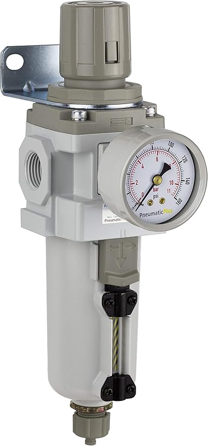 PneumaticPlus SAW400-N04BG-MEP Compressed Air Filter Regulator Piggyback Combo 1/2" NPT - Metal Bowl, Manual Drain, Bracket, Gauge