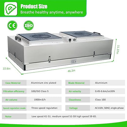 HEPA H14-Filter Laminar Flow Hood Updated FanFilter Unit（Include HEPA Filter）100/ISO Class 5 Cleanroom/Laboratory/Cleanroom/Mushroom Room, Laminar Air Flow Hood(46.2"x22.6"110V，Dual Machine)