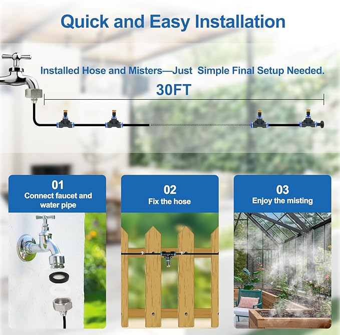 Pre-Assembled Misters for Outside Patio,Outdoor Water Misting Cooling System,30FT|9M.Backyard Mist Kit for Garden,Greenhouse,Deck,Umbrella,Canopy,Pool,Porch.Trampoline Sprinkler,BBQ Party Accessories