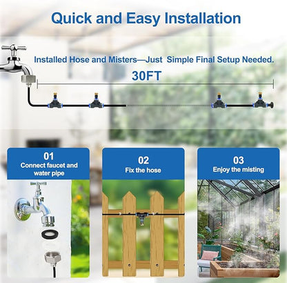 Pre-Assembled Misters for Outside Patio,Outdoor Water Misting Cooling System,30FT|9M.Backyard Mist Kit for Garden,Greenhouse,Deck,Umbrella,Canopy,Pool,Porch.Trampoline Sprinkler,BBQ Party Accessories