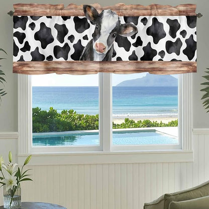 Cow Printed Curtain Valances for Windows, Kitchen Valance Window Treatment, Farmhouse Watercolor Country Wooden Grain Light Filtering Block Curtains for Bathroom/Bedroom/Living Room 54'' x 18''