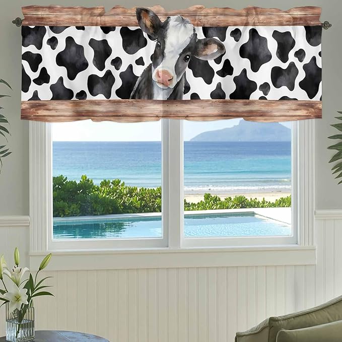 Cow Printed Curtain Valances for Windows, Kitchen Valance Window Treatment, Farmhouse Watercolor Country Wooden Grain Light Filtering Block Curtains for Bathroom/Bedroom/Living Room 42'' x 12''