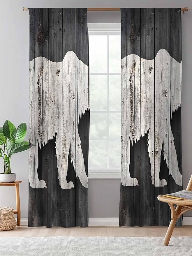 Sheer Curtains 84 Inches Long, White Brown Bear Semi Sheer Curtains Light Filtering Window Treatment, Farmhouse Country Rustic Wooden Grain Privacy Voile Drapes for Living Room Bedroom 52x84 Inch