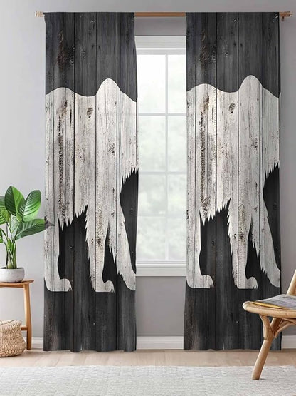 Sheer Curtains 96 Inches Long, White Brown Bear Semi Sheer Curtains Light Filtering Window Treatment, Farmhouse Country Rustic Wooden Grain Privacy Voile Drapes for Living Room Bedroom 52x96 Inch