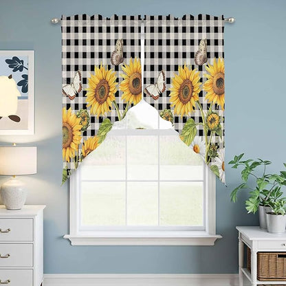 Sunflowers Swag Valances for Windows, Yellow Flowers Butterfly Farmhouse Black Plaid Rod Pocket Kitchen Curtains Valance, Small Window Curtains Swag for Cafe Bathroom Living Room, 2 Panels, 36x36 inch