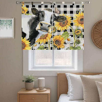 Retro Sunflowers Bedroom Curtains 63 Inch Length, Window Curtains Tab Top, Farmhouse Floral Cow Butterfly Black Plaid Light Filtering Window Treatments Drapes 42"x63" 2 Panel