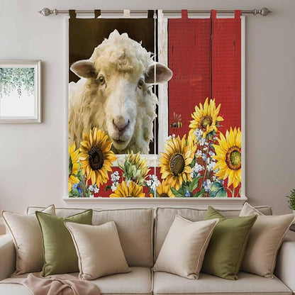 Sheep Flowers Bedroom Curtains 72 Inch Length, Window Curtains Tab Top, Country Red Barn Botanical Sunflowers Light Filtering Window Treatments Drapes 52"x72" 2 Panel