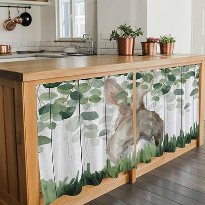 Easter Tier Curtains, Country Rabbit Botanical Leaves Wooden Grain Light Filtering Kitchen Curtains, 2Pcs Rod Pocket Half Window Treatments Panels for Sink Cafe Cabinet Camper 27.5x24 Inches
