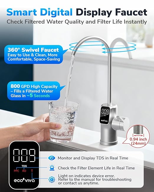 E8 800GPD Compact Reverse Osmosis System 800 GPD Fast Flow RO Water Filter, 9 Stage Tankless Under Sink RO Water Filtration System High Pure to Drain, LED Smart Real-Time Display Faucet