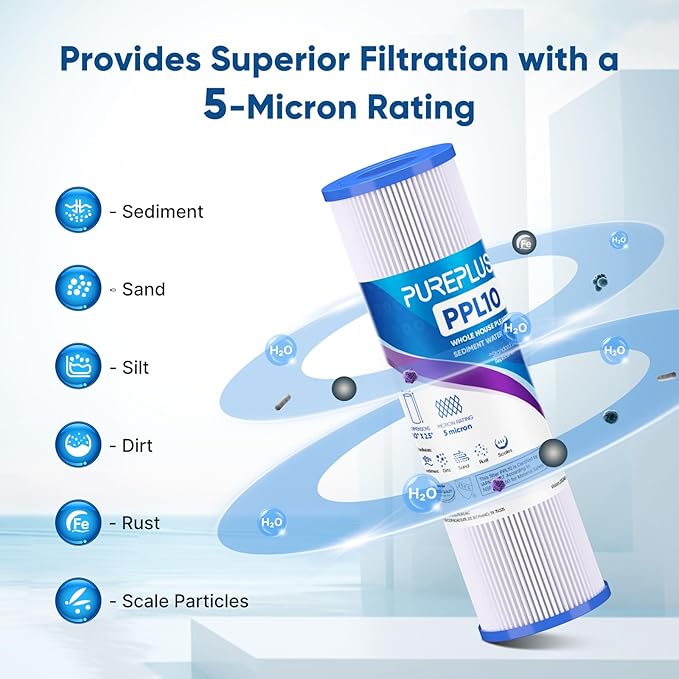 PUREPLUS 5 Micron 10"x2.5" Whole House Pleated Sediment Filter for Well Water, Replacement Cartridge for Universal 10 inch RO System, W50PE, WFPFC3002, SPC-25-1050, FM-50-975, 801-50, WB-50W, 4Pack