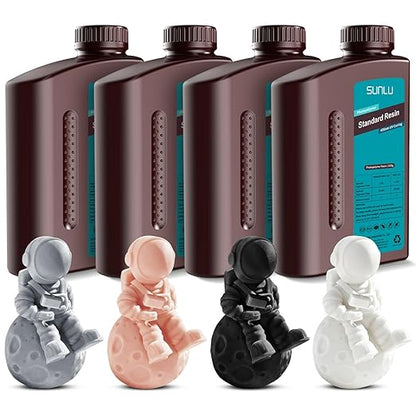 SUNLU 3D Printer Resin Bundle, 395 to 405nm UV Curing 3D Printing Liquid Photopolymer Resin, Low Shrinkage and High Precision,(Grey+Black+White+Beige,1kg Per Bottle,4kg in Total)
