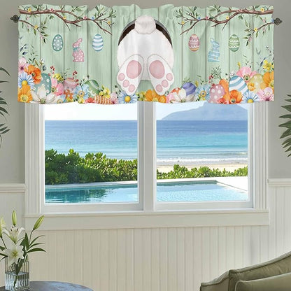 Easter Curtain Valances for Windows, Kitchen Valance Window Treatment, Spring Watercolor Bunny Eggs Wooden Grain Green Light Filtering Block Curtains for Bathroom/Bedroom/Living Room 42'' x 18''