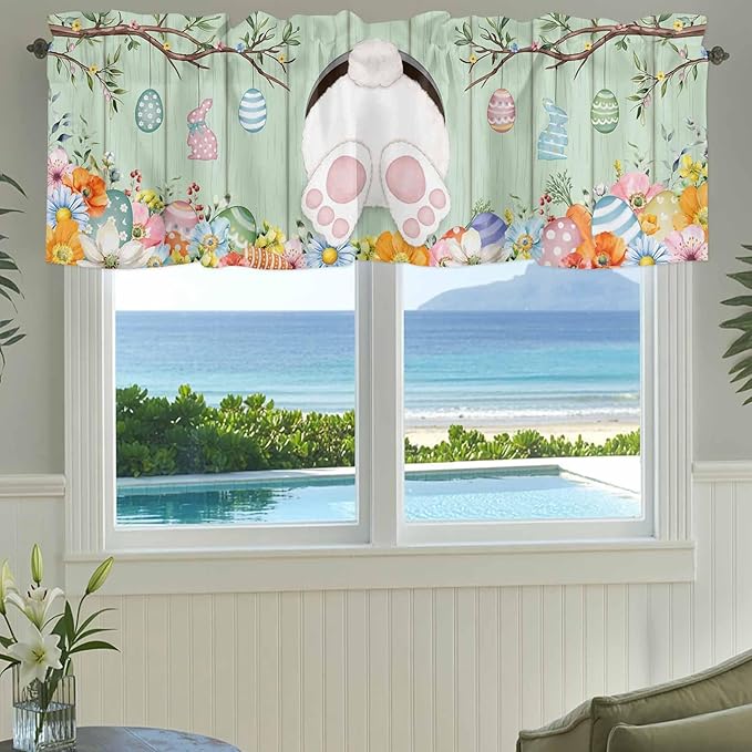 Easter Curtain Valances for Windows, Kitchen Valance Window Treatment, Spring Watercolor Bunny Eggs Wooden Grain Green Light Filtering Block Curtains for Bathroom/Bedroom/Living Room 60'' x 18''
