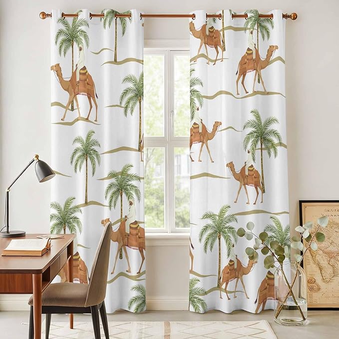 2 Panel Kitchen Cafe Curtains, Desert Camels Sunlight Filtering Nature Air Through, Home Decor Window Covering Tier Curtains for Bedroom Living Room 104W x 90L inch Tropical Date Palm Trees Animal