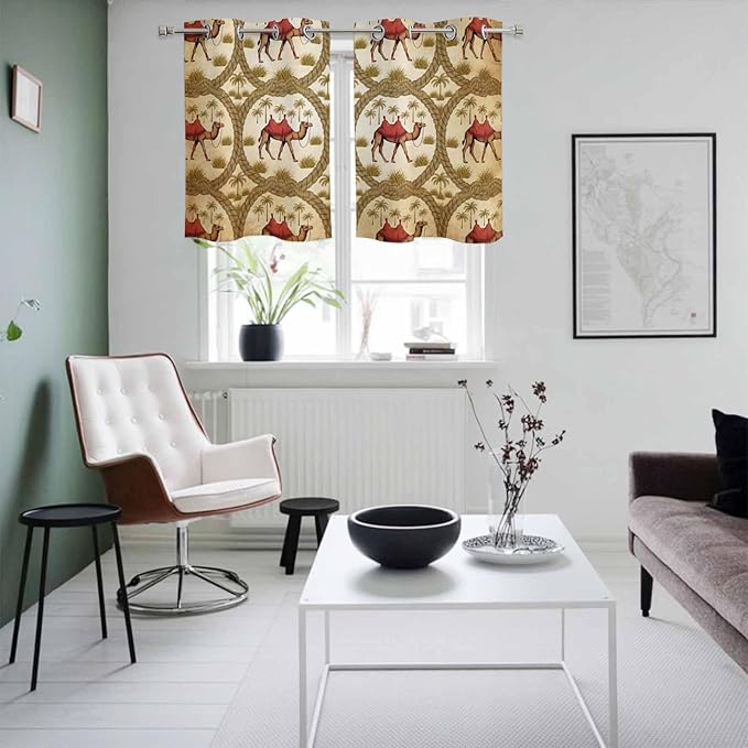 2 Panel Kitchen Cafe Curtains, Brown Desert Camels Sunlight Filtering Nature Air Through, Window Decor Tier Curtains for Living Room 55W x 39L inch Tropical Date Coconut Trees Cords Leaves