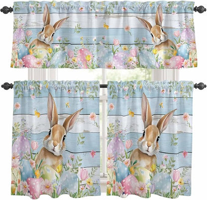 Kitchen Curtains Tiers and Valance Set of 3, Easter Light Filtering Window Curtain Set, Farmhouse Spring Rabbit Eggs Flowers Wooden Board Rod Pocket Curtain Drapes for Living Room, 36 Inches Tiers