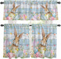 Kitchen Curtains Tiers and Valance Set of 3, Easter Light Filtering Window Curtain Set, Farmhouse Spring Rabbit Eggs Flowers Wooden Board Rod Pocket Curtain Drapes for Living Room, 24 Inches Tiers