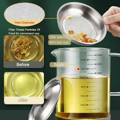 1.5L/50oz Glass Bacon Grease Container with Strainer, Cooking Oil Storage Can with Fine Mesh Filter and Scale, Lid and Easy-Grip Handle,Fat Separator for Storing Fats, Frying Oil and Cooking Grease