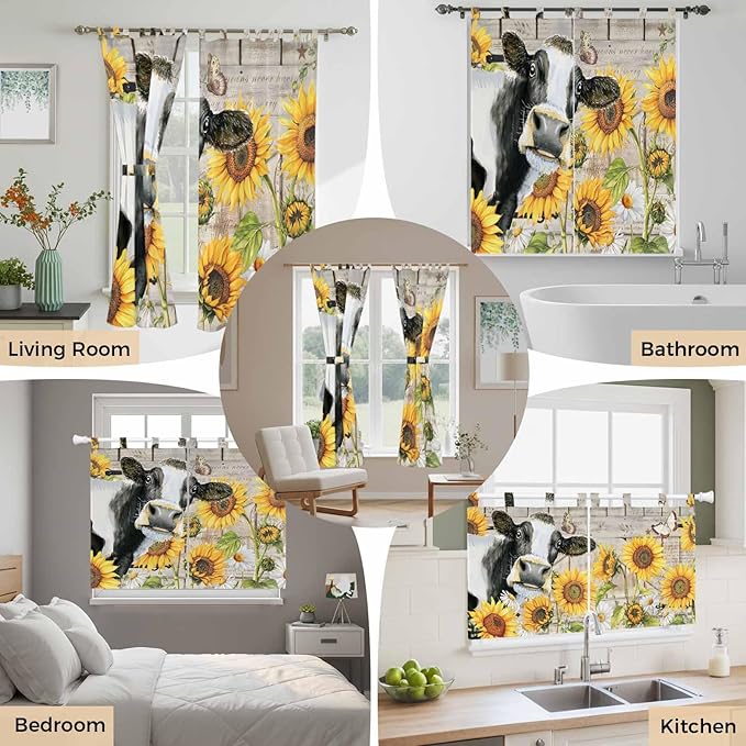 Yellow Sunflowers Bedroom Curtains 63 Inch Length, Window Curtains Tab Top, Farmhouse Cow Barn Doors Floral Butterfly Light Filtering Window Treatments Drapes 42"x63" 2 Panel