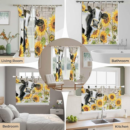 Yellow Sunflowers Bedroom Curtains 63 Inch Length, Window Curtains Tab Top, Farmhouse Cow Barn Doors Floral Butterfly Light Filtering Window Treatments Drapes 42"x63" 2 Panel